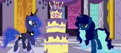 Size: 4172x1815 | Tagged: safe, artist:calibykitty, artist:yeetmedownthestairs, derpibooru import, princess luna, surprise, oc, oc:midnight, alicorn, pony, mlp fim's twelfth anniversary, cake, candle, complex background, flowing mane, flowing tail, food, image, long mane, long tail, png, raised leg, smiling, tail