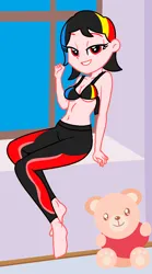 Size: 736x1320 | Tagged: suggestive, artist:robertsonskywa1, derpibooru import, equestria girls, belly button, bra, breasts, cleavage, clothes, image, jpeg, leggings, photo, plushie, smiling, solo, teddy bear, transformers, underwear, windblade