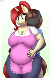 Size: 3000x4581 | Tagged: safe, artist:an-tonio, derpibooru import, oc, oc:golden brooch, oc:twisty, anthro, pony, unicorn, apron, big breasts, breasts, busty golden brooch, cleavage, clothes, commission, female, goldentwist, hug, hug from behind, image, male, mare, milf, oc x oc, png, pregnant, shipping, stallion, straight