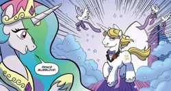 Size: 1334x708 | Tagged: safe, artist:tonyfleecs, derpibooru import, idw, prince blueblood, princess celestia, alicorn, bird, dove, pony, unicorn, friends forever, spoiler:comic, dialogue, duo, female, g4, image, jpeg, male, mare, ribbon, stallion