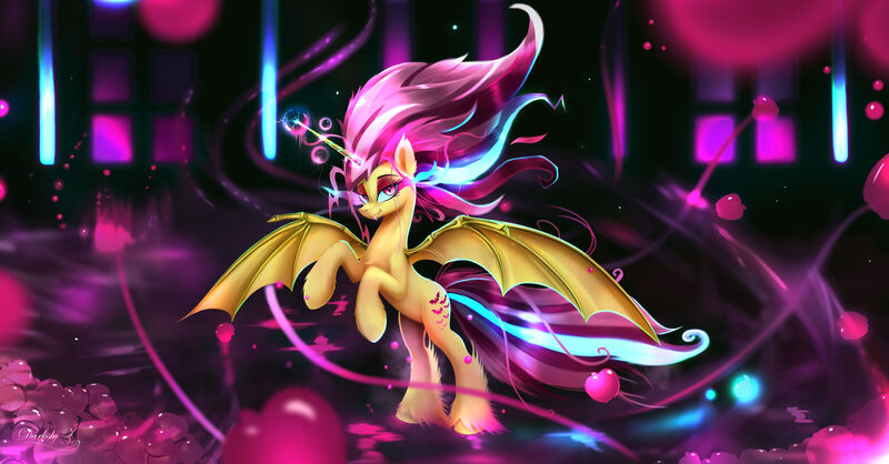 Size: 3832x2000 | Tagged: safe, artist:darksly, derpibooru import, fluttershy, alicorn, bat pony, pony, alicornified, bat ponified, flutterbat, fluttercorn, image, jpeg, race swap, solo