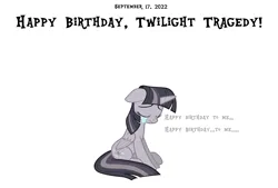 Size: 2720x1835 | Tagged: safe, artist:wardex101, derpibooru import, twilight sparkle, twilight sparkle (alicorn), alicorn, pony, crying, depressed, discorded, discorded twilight, eyes closed, female, folded wings, happy birthday, high res, image, lonely, mare, png, sad, simple background, sitting, solo, sorrow, text, twilight tragedy, white background, wings