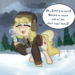 Size: 1000x1000 | Tagged: safe, artist:nootaz, derpibooru import, march gustysnows, earth pony, pony, coffee, dialogue, eyes closed, image, open mouth, open smile, png, smiling, snow, snowfall, solo, tree