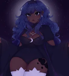 Size: 1164x1280 | Tagged: safe, artist:dealoe, derpibooru import, princess luna, human, anime style, breasts, busty princess luna, cleavage, cutie mark on human, dark skin, female, humanized, image, jpeg, low angle, night, solo