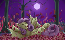 Size: 1920x1200 | Tagged: safe, artist:earthquake87, derpibooru import, fluttershy, bat pony, pony, bat ponified, cute, eyes closed, fangs, female, flutterbat, full moon, image, leaves, lying down, mare, moon, night, on back, open mouth, open smile, playing, png, race swap, shyabetes, smiling, solo