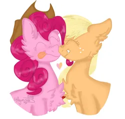 Size: 1138x1090 | Tagged: safe, artist:4agonism, derpibooru import, applejack, pinkie pie, earth pony, pony, applejack's hat, applepie, boop, chest fluff, cowboy hat, duo, female, freckles, grin, hat, hatless, heart, image, lesbian, mare, missing accessory, nose wrinkle, noseboop, pinkie pie wearing applejack's hat, png, shipping, simple background, smiling, tongue out