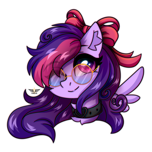 Size: 2500x2500 | Tagged: safe, artist:leah minik, derpibooru import, oc, oc:mila, unofficial characters only, pegasus, pony, bow, bust, collar, eye clipping through hair, eyebrows, eyebrows visible through hair, female, floating wings, hair bow, image, looking at you, mare, one eye closed, pegasus oc, png, portrait, simple background, smiling, smiling at you, solo, sunglasses, transparent background, two toned mane, wings, wink, winking at you