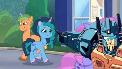 Size: 1280x720 | Tagged: safe, derpibooru import, edit, edited screencap, screencap, earth pony, pony, robot, unicorn, g5, my little pony: tell your tale, background pony, image, jpeg, misty brightdawn, nightbeat, pointing, transformers, visor