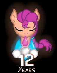 Size: 2900x3740 | Tagged: safe, artist:strategypony, derpibooru import, sunny starscout, earth pony, pony, mlp fim's twelfth anniversary, black background, braid, crystal, earth pony crystal, eyes closed, female, g5, holding, image, mare, number, pegasus crystal, png, simple background, text, unicorn crystal, unity crystals