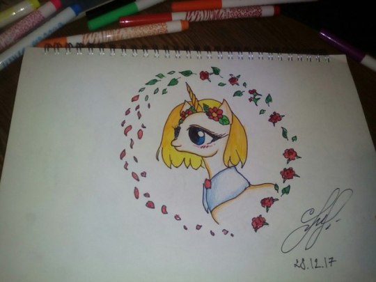 Size: 540x405 | Tagged: safe, artist:alicemargatroidlover-blog, derpibooru import, ponified, pony, unicorn, alice margatroid, crossover, female, image, jpeg, mare, touhou, traditional art