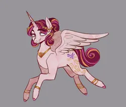 Size: 640x545 | Tagged: safe, artist:pierroid, derpibooru import, princess cadance, alicorn, crystal pony, pony, alternate cutie mark, alternate hair color, alternate hairstyle, colored hooves, crystal alicorn, female, gray background, horn, horn ring, image, jewelry, laurel wreath, leg bracelet, mare, partially open wings, png, reddit, redesign, regalia, ring, simple background, solo, wings, wreath