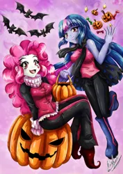 Size: 1000x1414 | Tagged: safe, artist:yukariasano, derpibooru import, pinkie pie, twilight sparkle, bat, equestria girls, ponies of dark water, clothes, clown, commission, corrupted twilight sparkle, costume, duo, female, halloween, holiday, image, jack-o-lantern, makeup, pinkie joker, png, pumpkin, tyrant sparkle