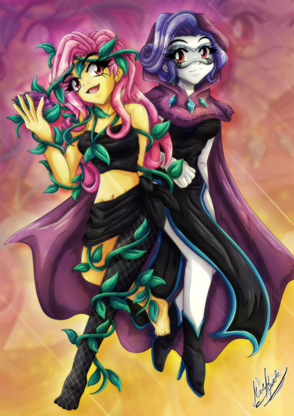 Size: 1000x1414 | Tagged: safe, artist:yukariasano, derpibooru import, fluttershy, rarity, equestria girls, ponies of dark water, clothes, commission, doctor doomity, duo, female, image, mask, midriff, png, poison ivyshy