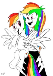 Size: 2480x3508 | Tagged: safe, artist:fanartist2020, derpibooru import, rainbow dash, human, pegasus, pony, female, holding a pony, humanized, image, jpeg, open mouth, self paradox, self ponidox, simple background, white background