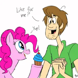 Size: 2048x2048 | Tagged: safe, artist:fanartist2020, derpibooru import, pinkie pie, earth pony, human, pony, crossover, cupcake, duo, female, food, image, jpeg, male, scooby doo, shaggy rogers, simple background, white background