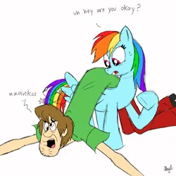 Size: 2048x2048 | Tagged: safe, artist:fanartist2020, derpibooru import, rainbow dash, human, pegasus, pony, crossover, dizzy, duo, female, image, jpeg, male, scooby doo, shaggy rogers, simple background, white background