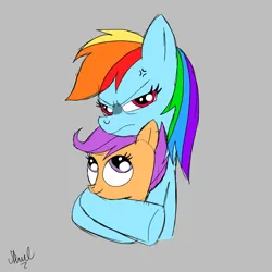 Size: 2048x2048 | Tagged: safe, artist:fanartist2020, derpibooru import, rainbow dash, scootaloo, pegasus, pony, angry, cross-popping veins, duo, emanata, female, gray background, hug, image, jpeg, simple background