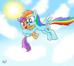 Size: 2305x2048 | Tagged: safe, artist:fanartist2020, derpibooru import, rainbow dash, scootaloo, pegasus, pony, duo, female, flying, happy, hug, image, jpeg, open mouth, sky