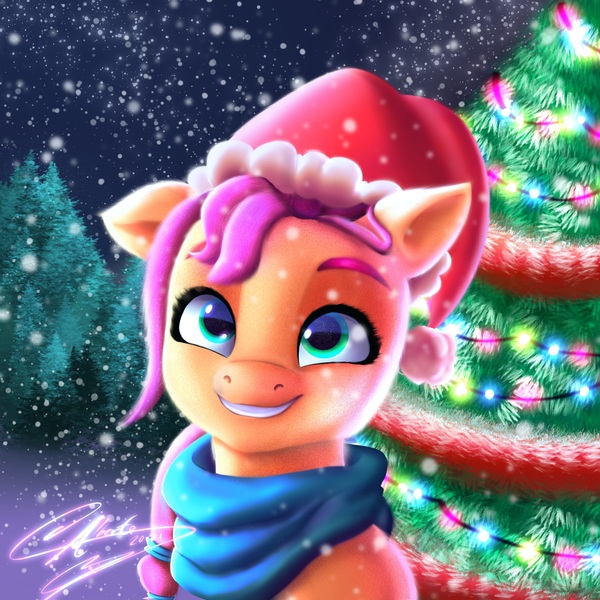 Size: 4096x4096 | Tagged: safe, artist:alfunezart, derpibooru import, sunny starscout, earth pony, pony, absurd resolution, christmas, christmas tree, clothes, female, floppy ears, g5, happy, hat, holiday, image, jpeg, mare, one ear down, santa hat, scarf, smiling, snow, snowfall, solo, tree