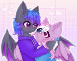 Size: 2500x2000 | Tagged: safe, artist:saltyvity, derpibooru import, oc, bat pony, pegasus, pony, bat pony oc, bat wings, big eyes, blue eyes, blue hair, blushing, clothes, commission, cute, ear fluff, embarrassed, fluffy, heart, heart eyes, hoodie, image, love, pink background, pink eyes, pink hair, png, purple eyes, romance, romantic, simple background, sparkles, wingding eyes, wings