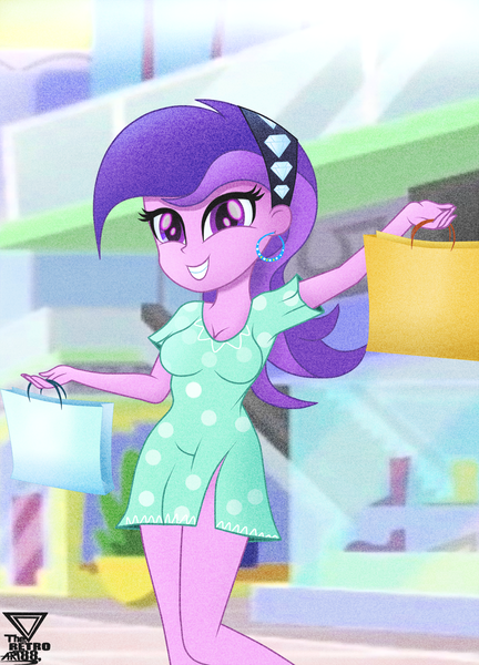 Size: 1900x2638 | Tagged: safe, alternate version, artist:theretroart88, derpibooru import, amethyst star, human, equestria girls, 80s, breasts, clothes, digital art, female, grin, high res, image, png, shopping, smiling, solo