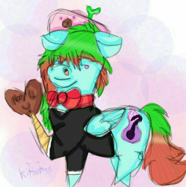 Size: 792x799 | Tagged: safe, artist:kittenhugs, derpibooru import, oc, oc:precised note, pegasus, pony, alternate cutie mark, bowtie, chocolate, clothes, female, food, hat, heart, image, mare, png, simple background, smiling, tuxedo, two toned mane, watermark