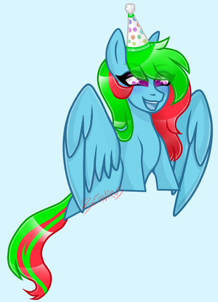 Size: 1696x2349 | Tagged: safe, artist:nekomellow, derpibooru import, oc, oc:precised note, pegasus, pony, female, half body, hat, image, mare, open mouth, partially open wings, party hat, png, smiling, tail, two toned mane, two toned tail, watermark, wings