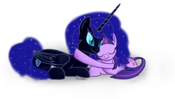 Size: 1280x720 | Tagged: safe, artist:parronist, derpibooru import, twilight sparkle, twilight sparkle (alicorn), oc, oc:nyx, alicorn, pony, alicorn oc, duo, eyes closed, female, horn, hug, image, mother and child, mother and daughter, png, simple background, transparent background, wings