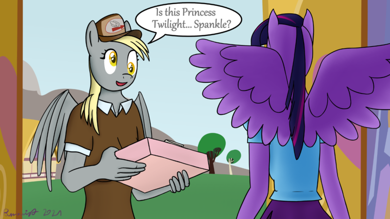 Size: 1280x720 | Tagged: safe, artist:parronist, derpibooru import, derpy hooves, twilight sparkle, twilight sparkle (alicorn), alicorn, anthro, pegasus, clothes, image, mailmare, package, png, uniform