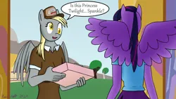 Size: 1280x720 | Tagged: safe, artist:parronist, derpibooru import, derpy hooves, twilight sparkle, twilight sparkle (alicorn), alicorn, anthro, pegasus, clothes, image, mailmare, package, png, uniform