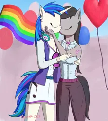Size: 853x960 | Tagged: safe, artist:parronist, derpibooru import, octavia melody, vinyl scratch, anthro, balloon, duo, eyes closed, female, heart, image, kissing, lesbian, png, pride flag, scratchtavia, shipping