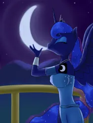 Size: 720x960 | Tagged: safe, artist:parronist, derpibooru import, princess luna, alicorn, anthro, eyes closed, female, forced perspective, image, moon, png, solo