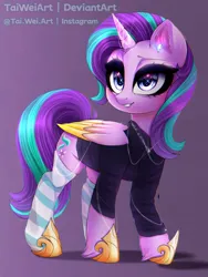 Size: 1500x2000 | Tagged: safe, artist:taiweiart, derpibooru import, starlight glimmer, alicorn, pony, alicornified, clothes, female, gradient background, image, png, race swap, socks, solo, starlicorn, striped socks, xk-class end-of-the-world scenario