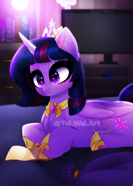 Size: 1429x2000 | Tagged: safe, artist:taiweiart, derpibooru import, twilight sparkle, twilight sparkle (alicorn), alicorn, pony, book, crown, female, image, jewelry, png, regalia, solo, television