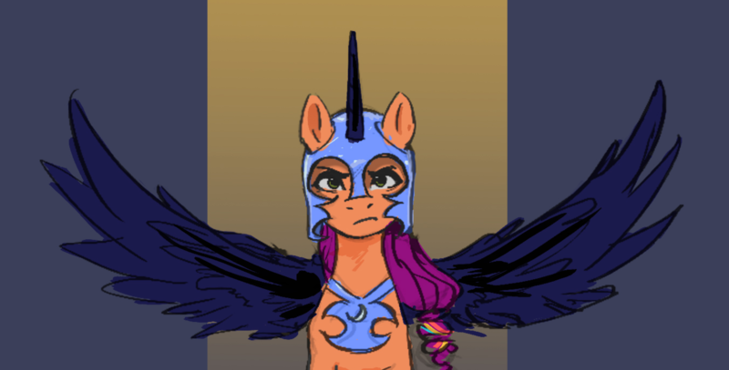 Size: 2050x1042 | Tagged: safe, artist:appletree_at, derpibooru import, nightmare moon, sunny starscout, pony, mlp fim's twelfth anniversary, spoiler:g5, clothes, cosplay, costume, g5, image, nightmare night costume, nightmare sunny, png, solo