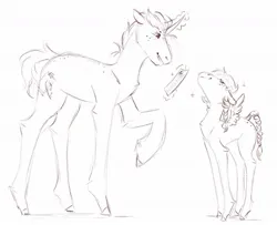 Size: 1200x972 | Tagged: safe, artist:melodylibris, derpibooru import, oc, unofficial characters only, earth pony, pegasus, pony, unicorn, a+, duo, female, filly, foal, freckles, grayscale, height difference, image, jpeg, levitation, magic, male, monochrome, paper, proud, simple background, sketch, stallion, telekinesis, white background
