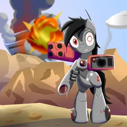 Size: 2500x2500 | Tagged: safe, artist:trackheadtherobopony, derpibooru import, oc, oc:sentry, pony, robot, robot pony, carrier, crosshair, destruction, explosion, fire, gun, image, png, pointing at you, rocket launcher, solo, weapon
