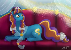 Size: 2480x1754 | Tagged: safe, artist:mesuyoru, derpibooru import, oc, oc:estela astral comet, unofficial characters only, earth pony, couch, crown, earth pony oc, image, jewelry, png, regalia, unshorn fetlocks