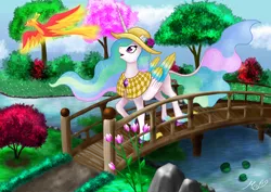 Size: 1920x1358 | Tagged: safe, artist:mesuyoru, derpibooru import, philomena, princess celestia, alicorn, phoenix, pony, bridge, cherry blossoms, flower, flower blossom, image, png, river, spring, water