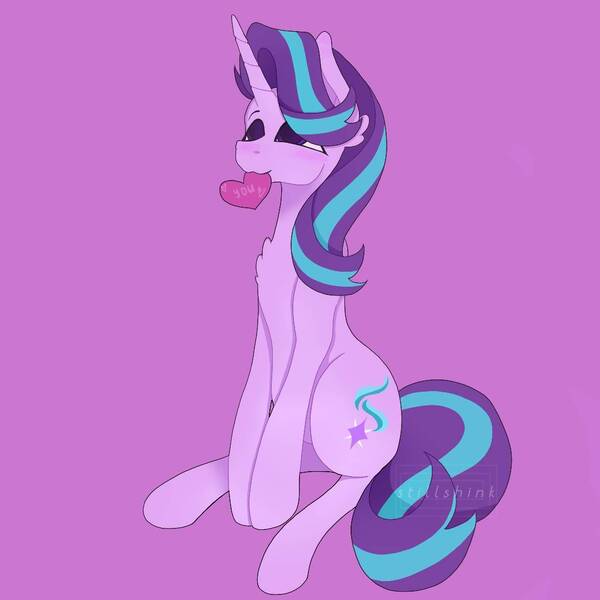 Size: 1080x1080 | Tagged: safe, artist:stillshink, derpibooru import, starlight glimmer, pony, unicorn, blushing, chest fluff, female, heart, image, jpeg, purple background, simple background, solo