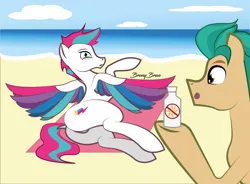 Size: 4490x3300 | Tagged: suggestive, artist:bronybran, derpibooru import, hitch trailblazer, zipp storm, earth pony, pegasus, pony, beach, butt, colored wings, dock, duo, duo male and female, featureless crotch, female, g5, hitchzipp, image, jpeg, lying down, male, mare, multicolored wings, ocean, open mouth, plot, shipping, side, signature, spread wings, stallion, stormblazer, straight, sunscreen, tail, water, wings, zippbutt
