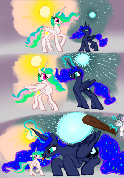 Size: 3392x4842 | Tagged: safe, artist:ja0822ck, derpibooru import, princess celestia, princess luna, star swirl the bearded, alicorn, pony, unicorn, baseball bat, female, growth, image, male, mare, moon, png, size difference, stallion, sun