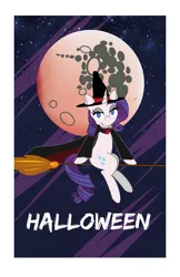 Size: 3300x5100 | Tagged: safe, artist:bronybran, derpibooru import, rarity, pony, unicorn, broom, flying, flying broomstick, halloween, hat, holiday, image, jpeg, mare in the moon, moon, solo, witch, witch costume, witch hat