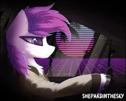 Size: 1443x1158 | Tagged: safe, artist:shepardinthesky, derpibooru import, oc, oc:shepard, pony, car, clothes, driving, image, jacket, mouth hold, movie reference, png, solo, toothpick, vaporwave