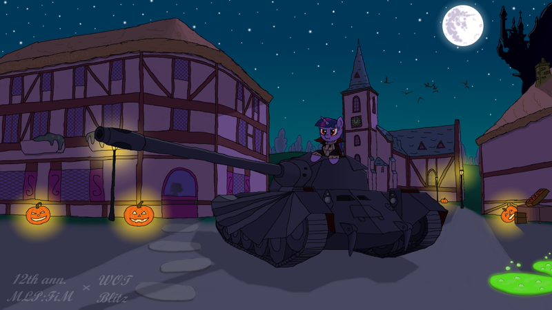 Size: 1280x720 | Tagged: safe, derpibooru import, twilight sparkle, pony, unicorn, mlp fim's twelfth anniversary, clothes, costume, dracula, dracula (tank), halloween, halloween costume, holiday, image, jack-o-lantern, mare in the moon, moon, night, png, pumpkin, red eyes, tank (vehicle), text, world of tanks, world of tanks blitz