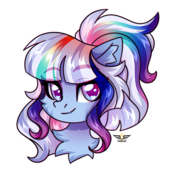 Size: 2500x2500 | Tagged: safe, artist:leah minik, derpibooru import, oc, unofficial characters only, earth pony, pony, bust, chest fluff, commission, earth pony oc, eyebrows, eyebrows visible through hair, female, gradient eyes, heart, heart eyes, image, looking at you, mare, multicolored hair, multicolored mane, png, ponytail, portrait, rainbow hair, simple background, smiling, smiling at you, solo, transparent background, wingding eyes