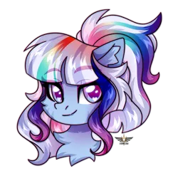 Size: 2500x2500 | Tagged: safe, artist:leah minik, derpibooru import, oc, unofficial characters only, earth pony, pony, bust, chest fluff, commission, earth pony oc, eyebrows, eyebrows visible through hair, female, gradient eyes, heart, heart eyes, image, looking at you, mare, multicolored hair, multicolored mane, png, ponytail, portrait, rainbow hair, simple background, smiling, smiling at you, solo, transparent background, wingding eyes