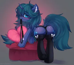 Size: 1280x1124 | Tagged: suggestive, artist:astralblues, derpibooru import, oc, unofficial characters only, pony, unicorn, bedroom eyes, blushing, butt, clothes, dock, ear fluff, female, horn, image, jpeg, leash, mare, panties, pillow, plot, rear view, socks, solo, solo female, stockings, tail, thigh highs, underhoof, underwear, unicorn oc
