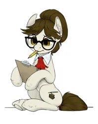 Size: 1752x2216 | Tagged: safe, artist:taytinabelle, color edit, derpibooru import, edit, editor:maonyman, writing desk, earth pony, pony, clipboard, colored, ear fluff, female, glasses, hair bun, heart, heart hoof, image, mare, monochrome, mouth hold, necktie, not raven, pencil, png, simple background, sitting, sitting up, sketch, solo, underhoof, unshorn fetlocks, white background