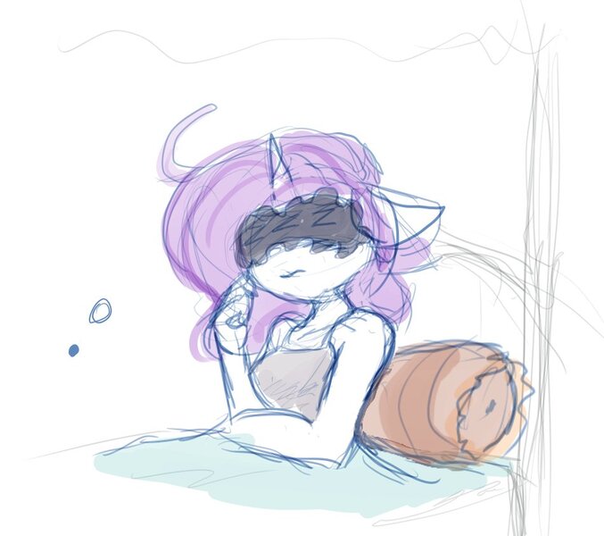 Size: 951x843 | Tagged: safe, artist:zutcha, derpibooru import, rarity, anthro, unicorn, bed, female, image, jpeg, messy hair, messy mane, on bed, pillow, solo